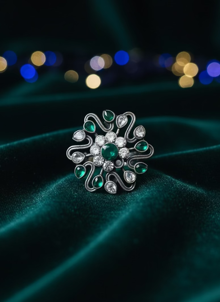 German Silver Antique Enamel Green Floral Medallion Ring