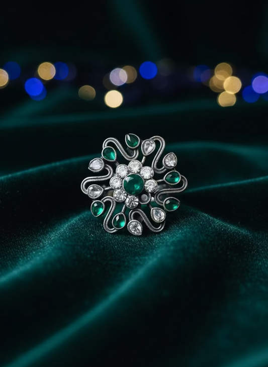 German Silver Antique Enamel Green Floral Medallion Ring