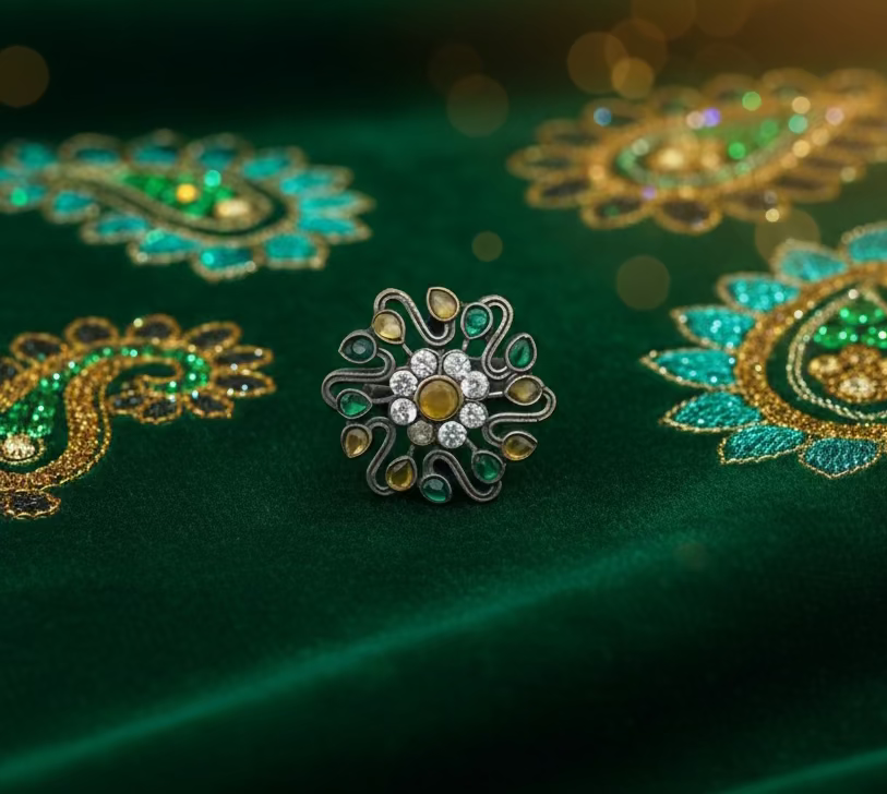 Silver ring with gemstones on a light gray background