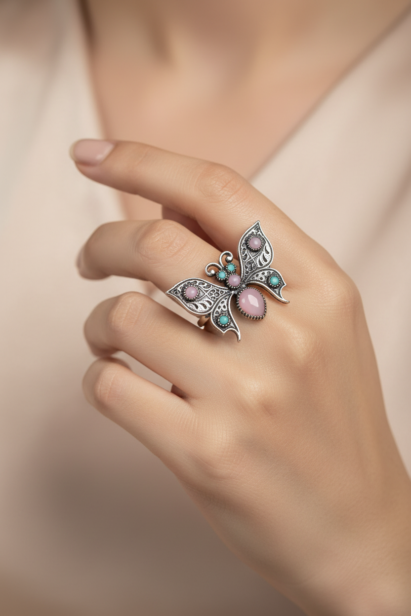 Close-up of a hand wearing an ornate ring with gemstones on a soft background