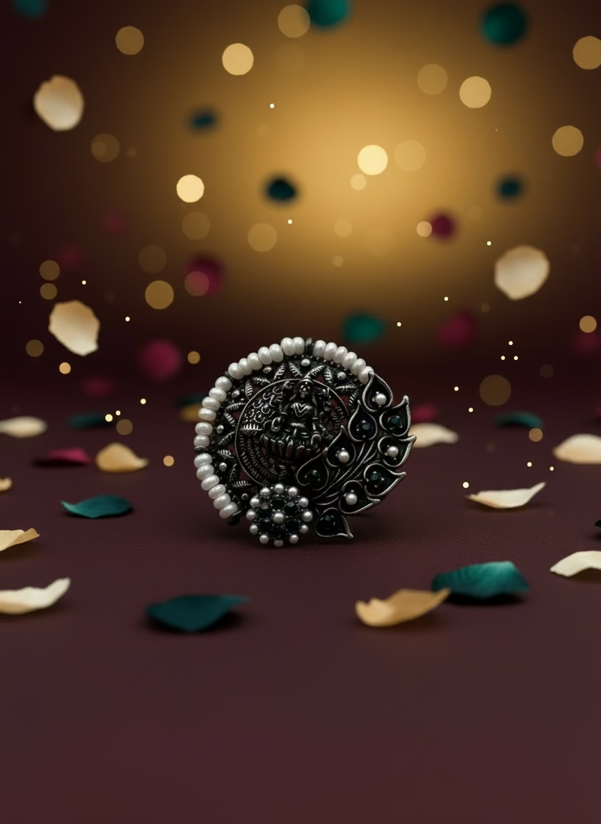 Decorative ring with black and silver design and pearls on a light gray background