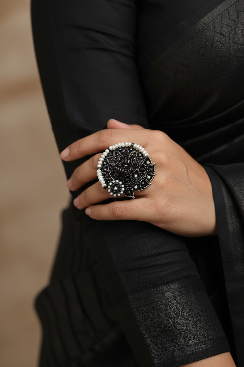 Pearl Border Temple Ring - Oxidized Silver Statement Jewelry