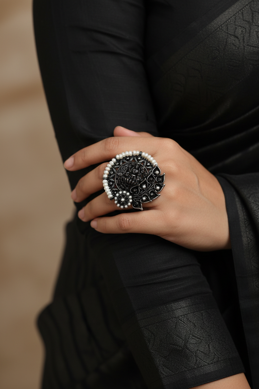 Pearl Border Temple Ring - Oxidized Silver Statement Jewelry