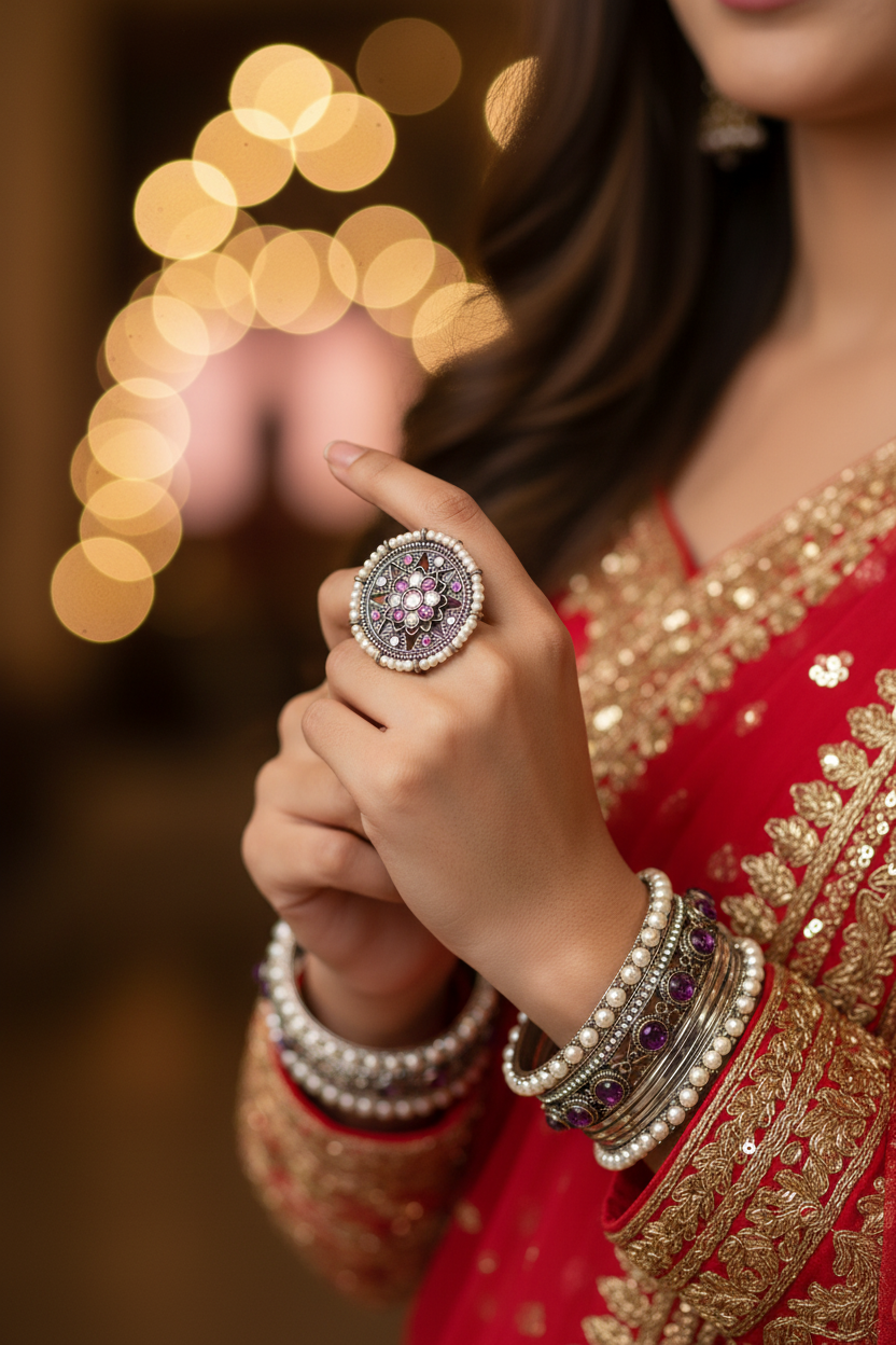 Pink Stone Floral Temple Ring - Oxidized Silver Statement Ring with Pearl Border