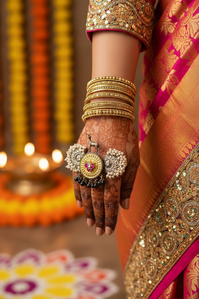 Hand wearing gold jewelry with a blurred background of lights and decorations