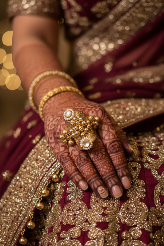 Antique Gold Temple Ring - Statement Piece with Pearl & Floral Detailing