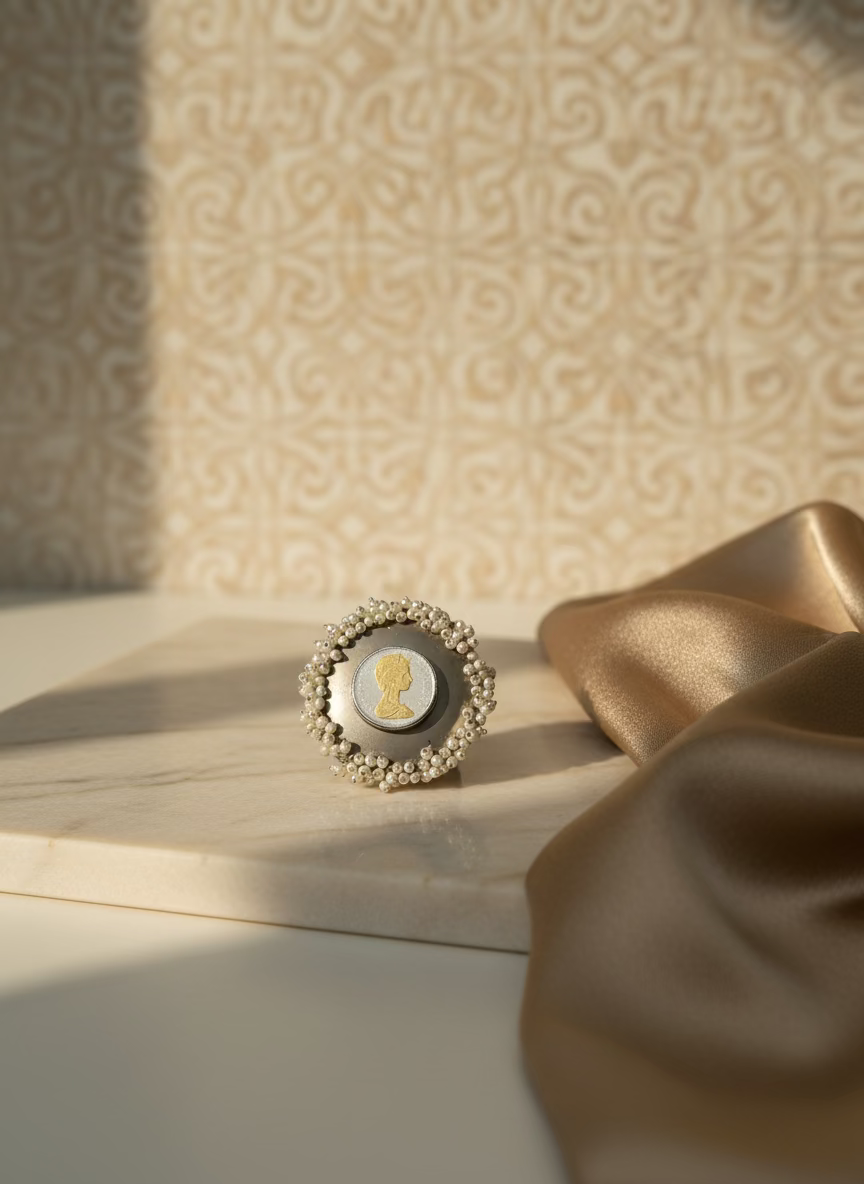 Coin encircled by pearls on a gray background