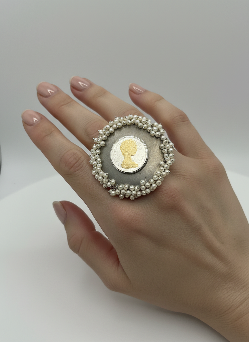 Oversized Antique Cameo Coin Ring - Adjustable Pearl Statement Ring in Oxidized Silver
