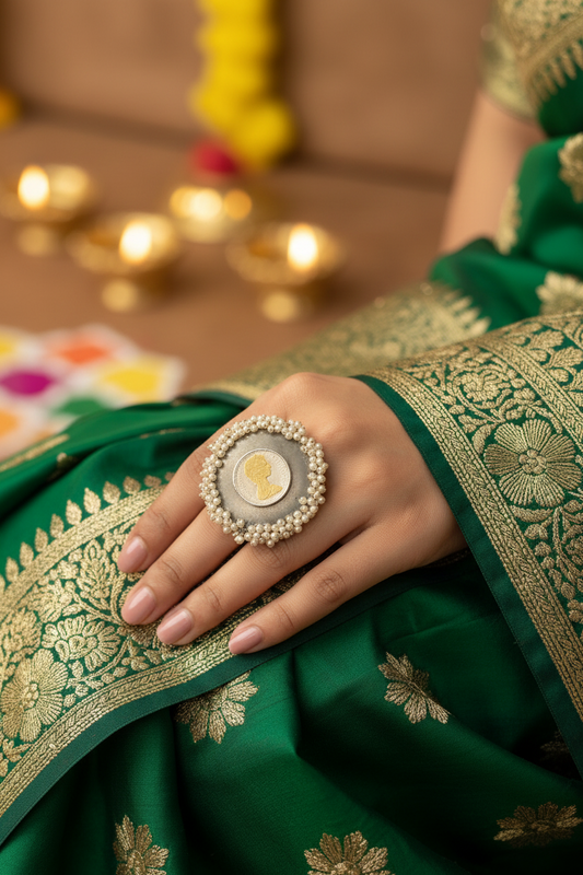 Brooch with pearl-like beads and a central coin on a gray background