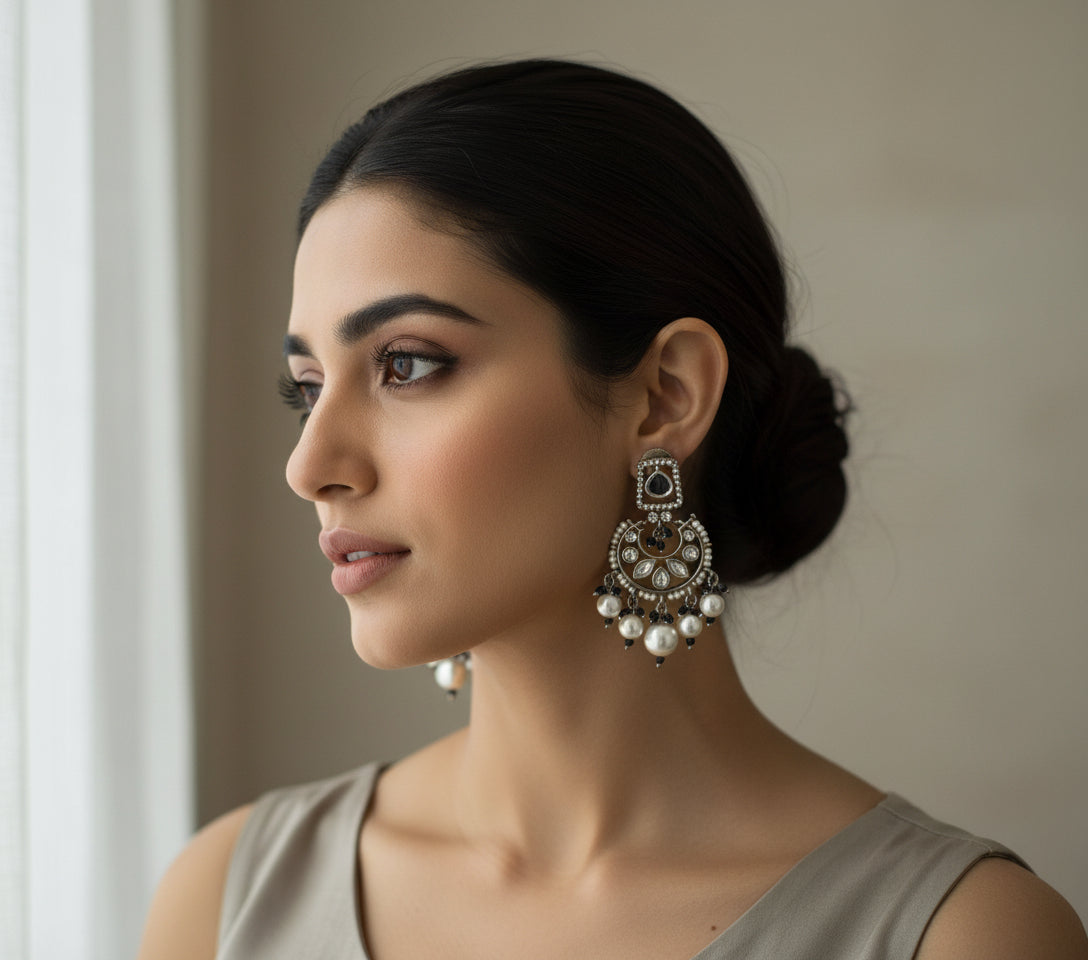 Pair of ornate earrings with measurements on a light gray background