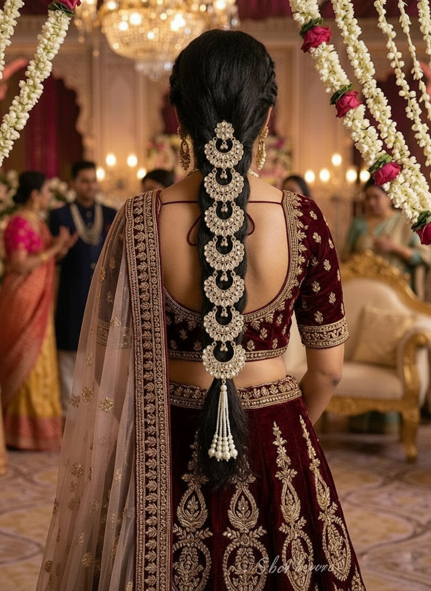Woman in traditional maroon and gold saree with elaborate back jewelry in a decorated indoor setting.