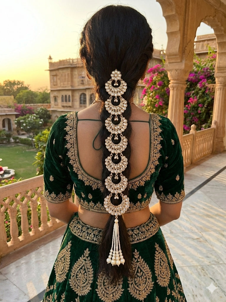 Woman in a green traditional outfit with intricate jewelry, standing on a balcony with floral architecture.