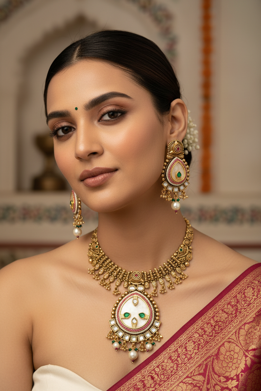 Woman wearing traditional jewelry with a blurred background