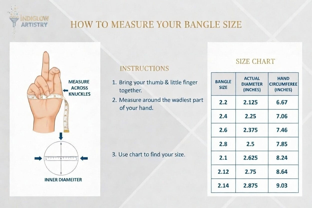 Instructions on how to measure bangle size with a hand diagram and size chart.