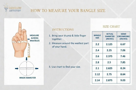 Instructions on how to measure bangle size with a hand diagram and size chart.