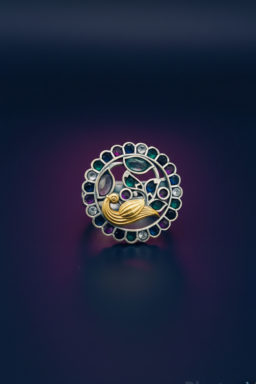 Temple Jewelry Inspired Adjustable Ring  Oxidized Silver Peacock Statement Ring