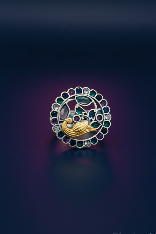 Temple Jewelry Inspired Adjustable Ring  Oxidized Silver Peacock Statement Ring