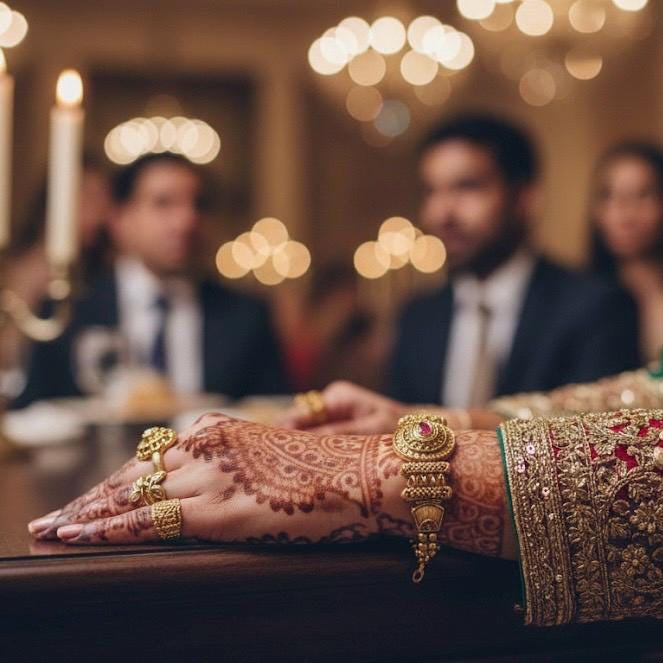 Close-up of a hand with intricate henna designs and jewelry, blurred background of a formal event.