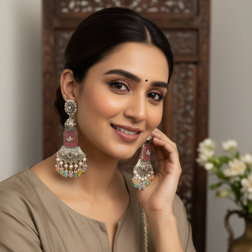 Woman wearing traditional earrings in a decorative setting