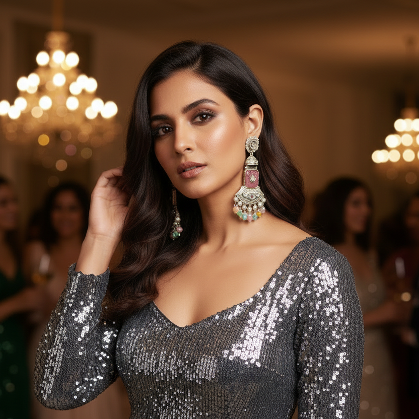 Woman in a sequin dress and blazer standing in a formal setting with chandeliers.