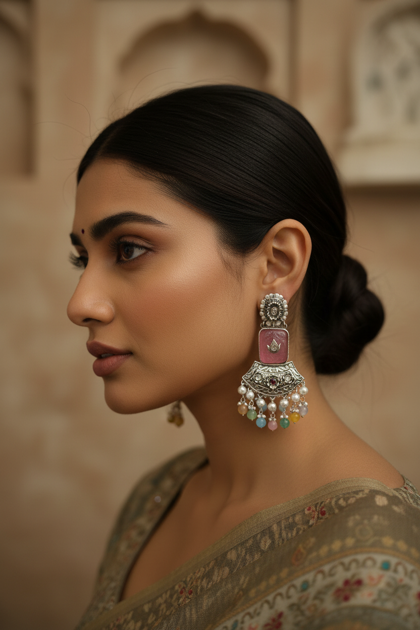 Woman wearing ornate earrings with a neutral background