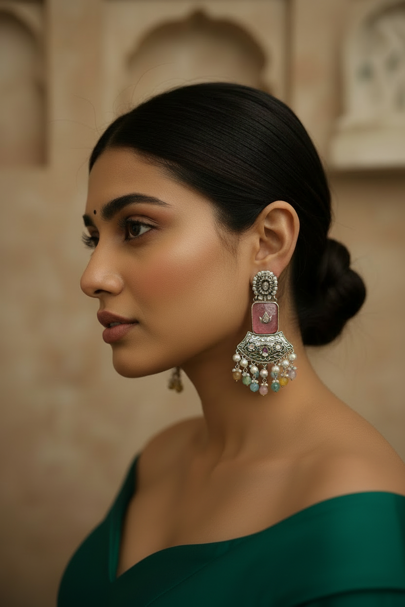 Woman wearing large, ornate earrings with a blurred architectural background