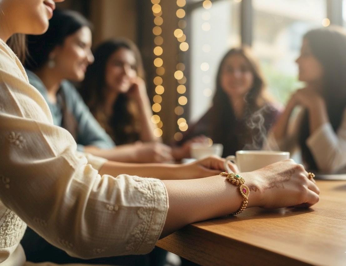 People sitting around a table with warm lighting and blurred background