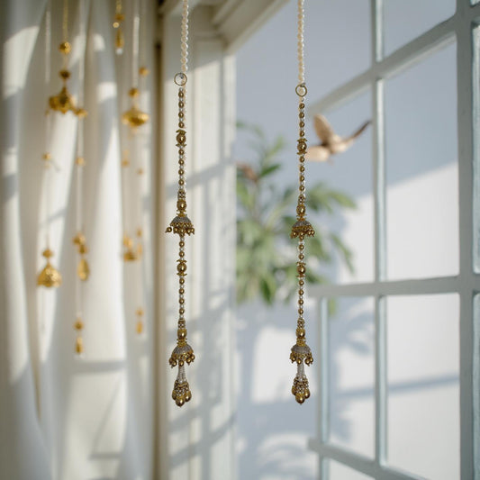 Decorative gold hanging beads in front of a window with sunlight filtering through.