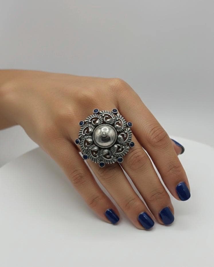 Oxidized Silver Peacock Motif Statement Ring with Blue Accents