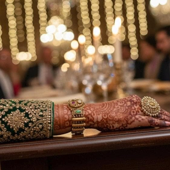 Decorative arm with jewelry on a table in a festive setting