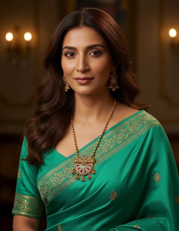 Woman wearing a green saree with gold embroidery in an indoor setting