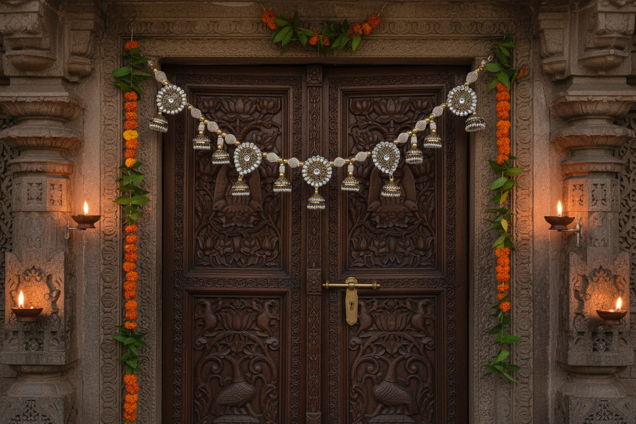 Decorative Toran trance with wooden door, garlands, and candles on a stone wall.