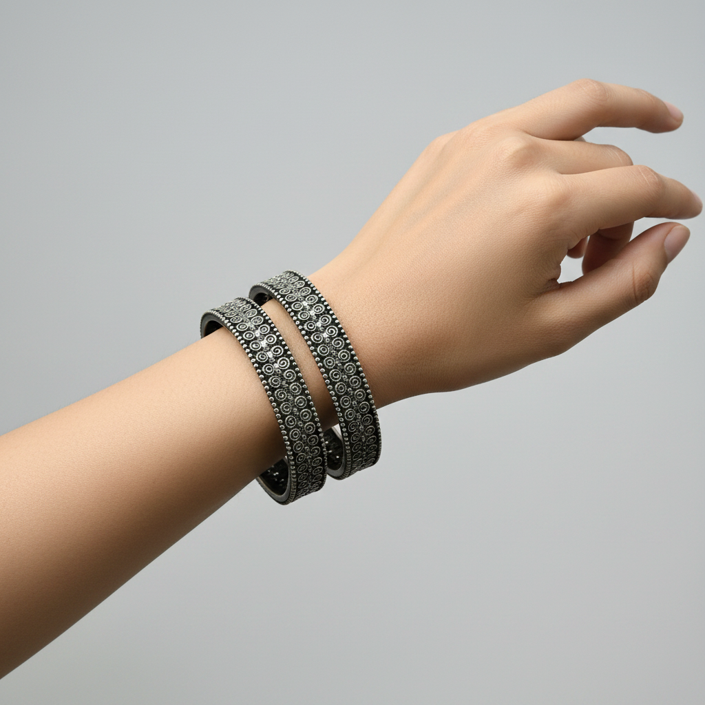 Oxidized German Silver Bangle Set | Dark Antique Circular Texture Indian Bracelets
