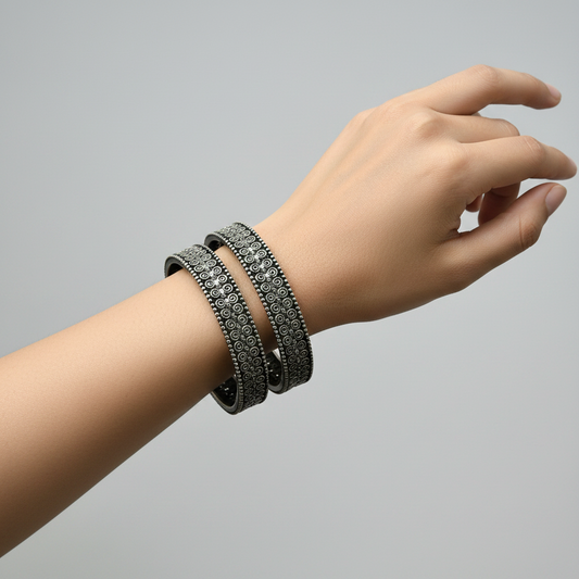 Oxidized German Silver Bangle Set | Dark Antique Circular Texture Indian Bracelets
