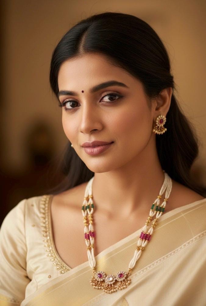 Woman wearing a traditional necklace and earrings with a blurred background