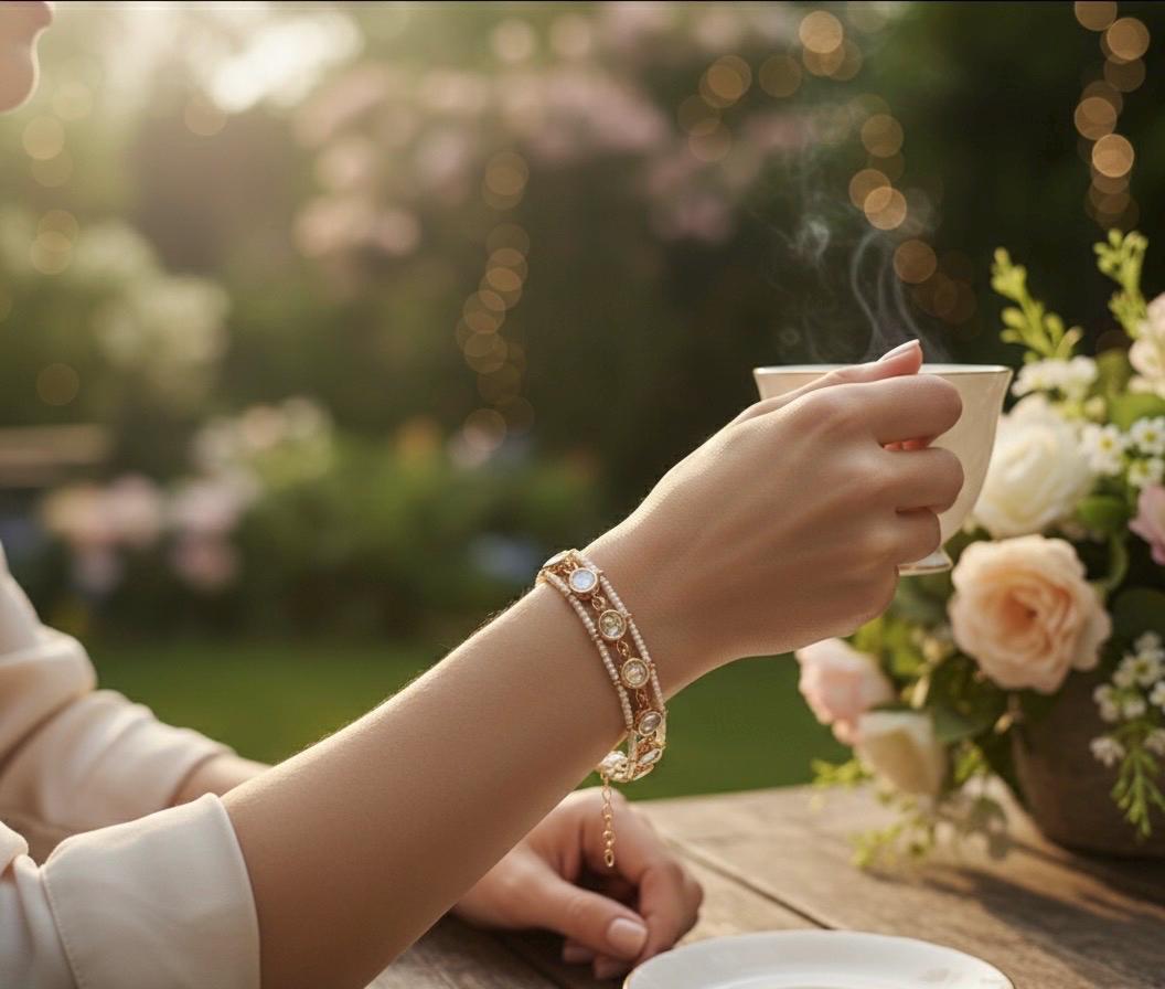 Person holding a steaming cup outdoors with a blurred garden background