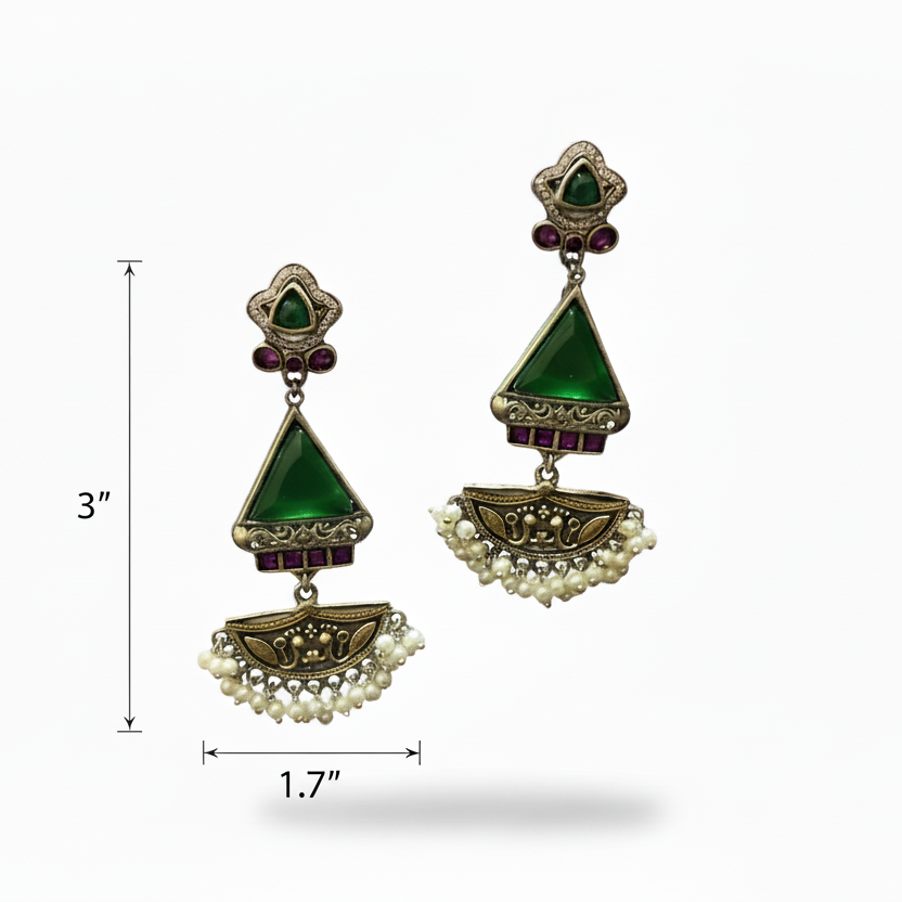 Pair of earrings with green and gold design, shown with measurements on a white background.