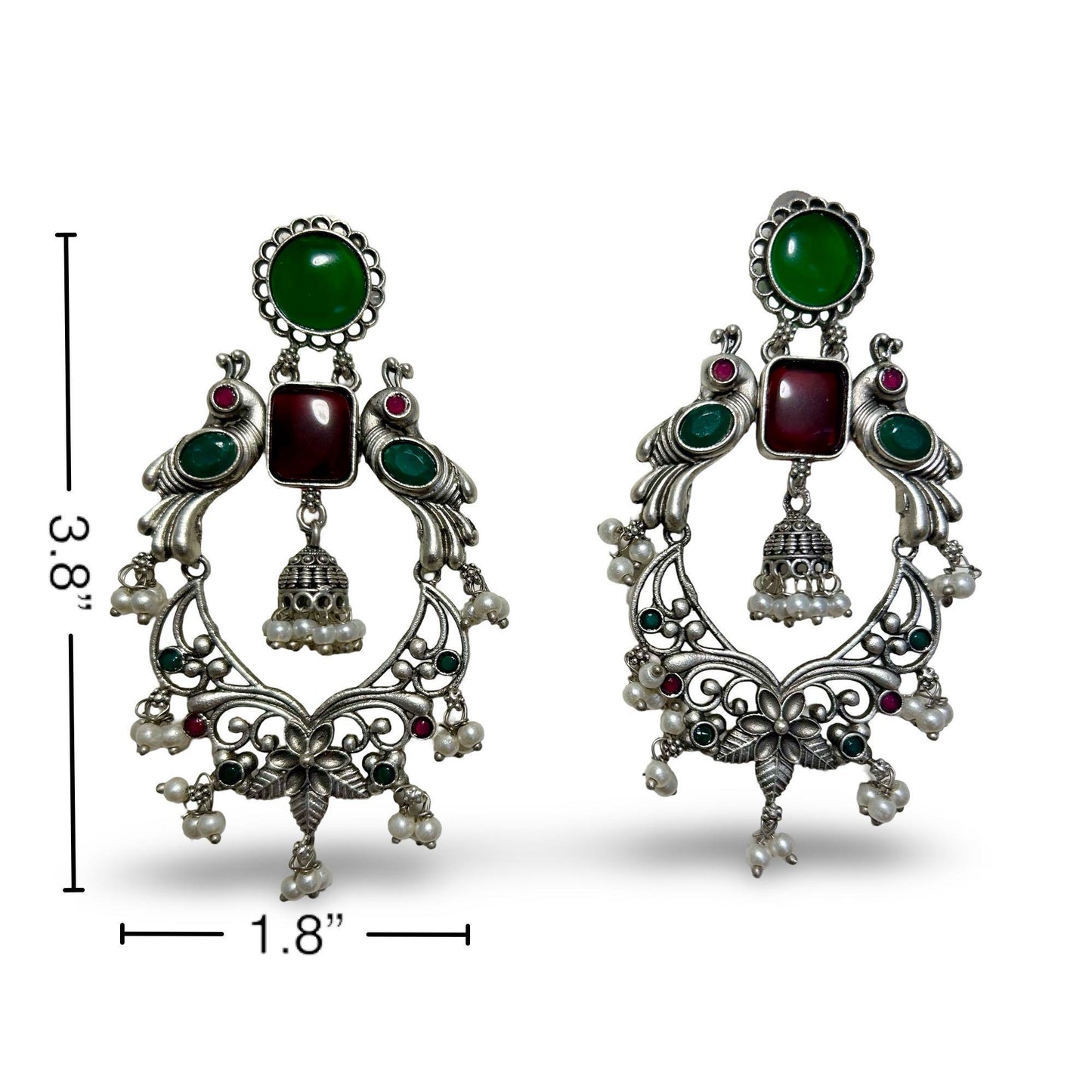 Ornate earrings with gemstones and measurements on a white background