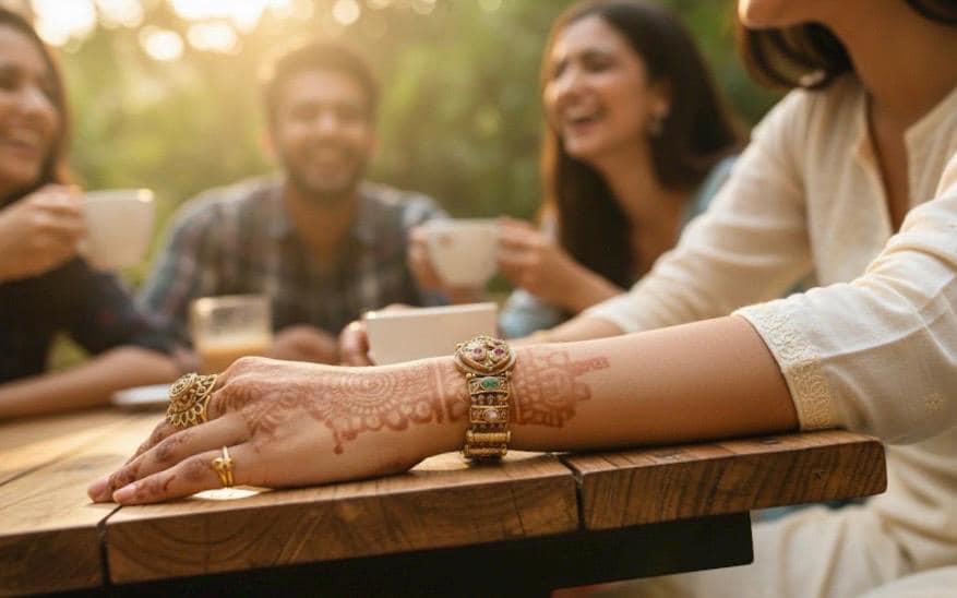 People sitting around a table with cups, one person's hand with henna design and jewelry is in focus.