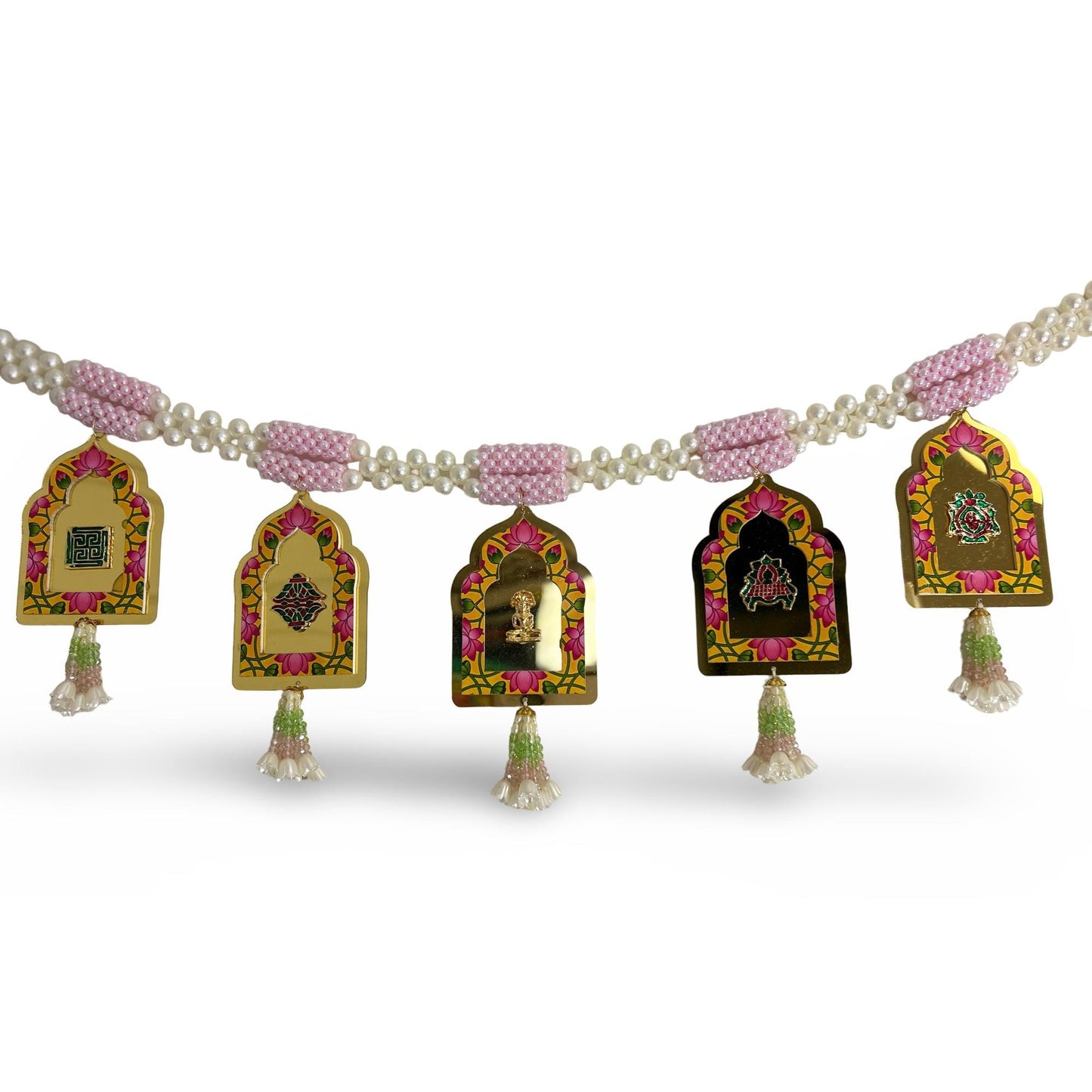 Decorative garland with ornate arches and tassels on a white background