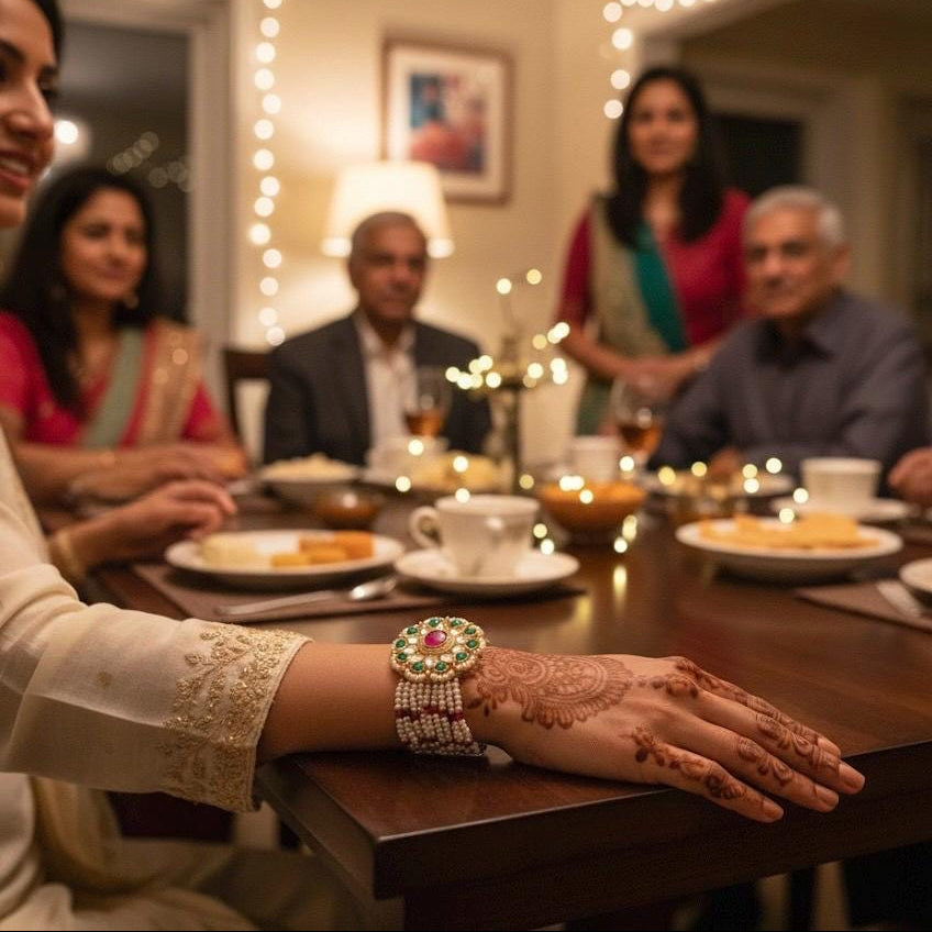 Family gathering around a dinner table with decorative lights in the background