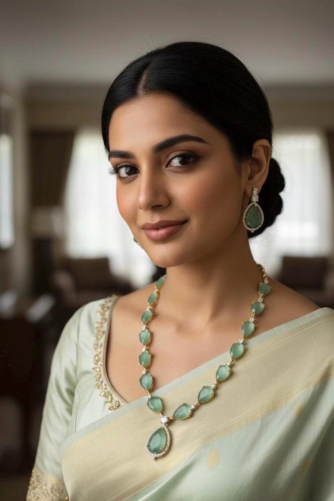 Woman wearing a light green saree with a matching necklace and earrings indoors.