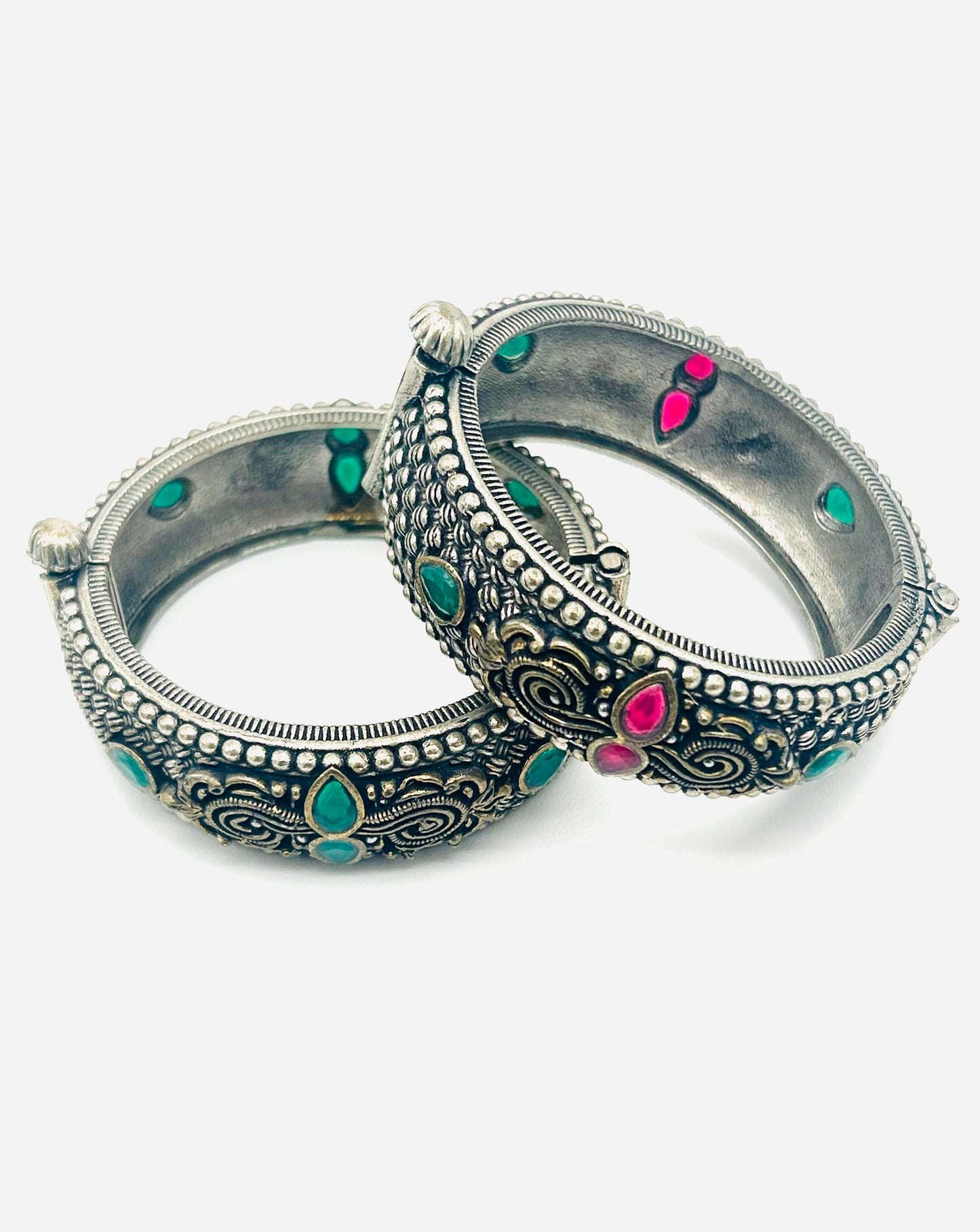 Ethnic Multi-Color Stone Openable Kadas (Set of 2)  German golden Silver Filigree & Beaded Bangles