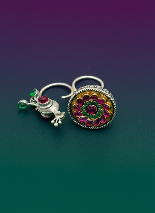 Silver-Tone Kundan Double Finger Ring with Peacock Motif - Traditional Indian Jewelry