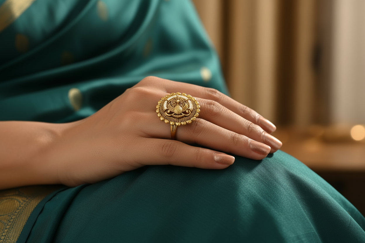 women wearing antique traditional Peacock Ring indoor background 