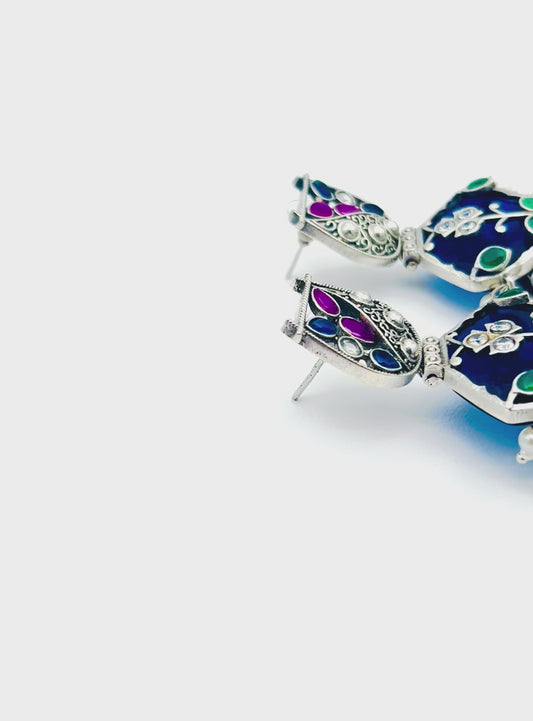 German Silver Green Gemstone Drop Earrings Pearl Beaded Dangle Ethnic Indian Jewelry