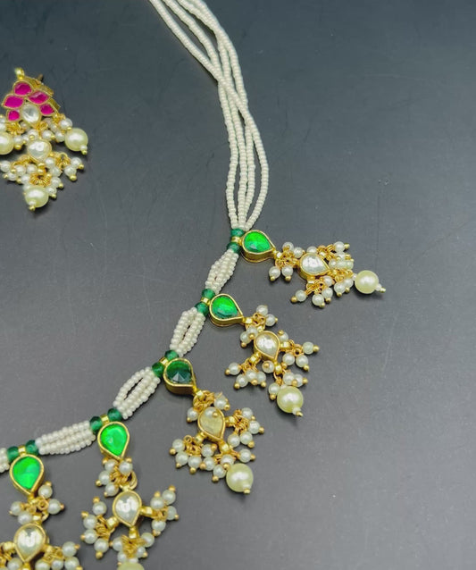 Pearl Kundan Necklace Set with Green and Ruby Traditional Jewelry with Matching Earrings