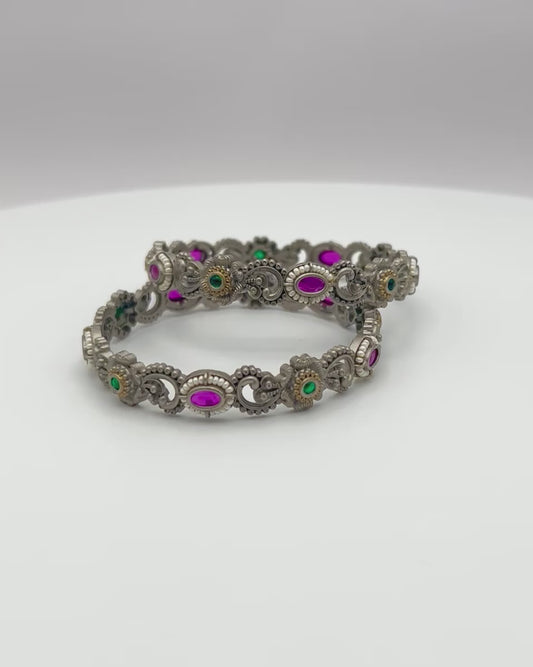 Gray Finish Fashion Bangles with Imitation Ruby & Emerald Stones Set of 2