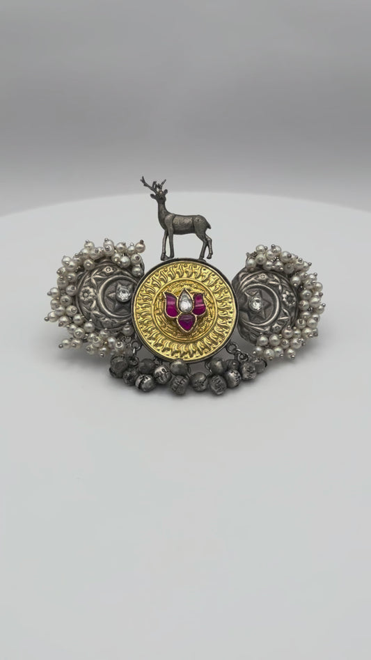 Vintage Deer Two Finger Ring - German Silver Pearl Statement Ring with Ruby Stones