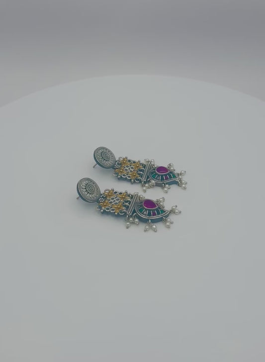 Mango Leaf Temple Earrings with Pearl Fringe - Oxidized Silver Chandbali